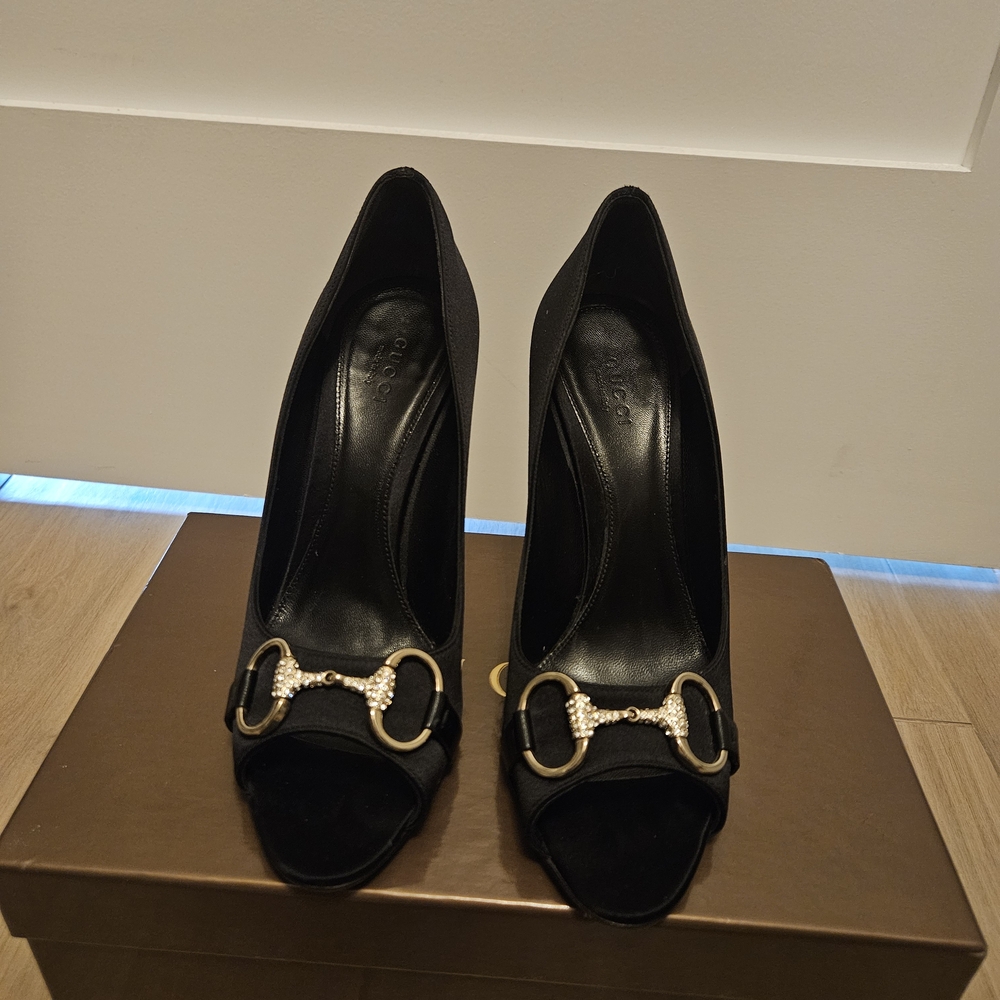 Gucci Black Heels with Gold Detailing